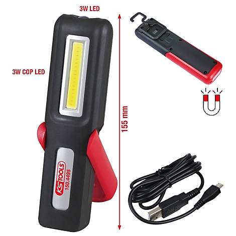 Zwarte en rode LED werklamp met geel licht, beugel, oplaadkabel. Opschrift: KS TOOLS 150.4495.